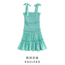 image-Women's Sleeveless Midi Dress - Green Elastic Waist