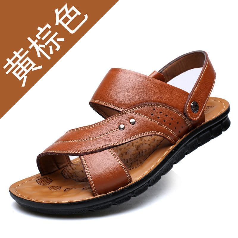 image-Mens Leather Sandals - Yellow Brown Size 46