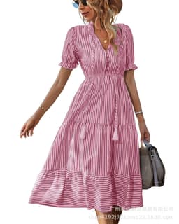 image-European & American Summer Stripe Dress - Khaki V-Neck XL