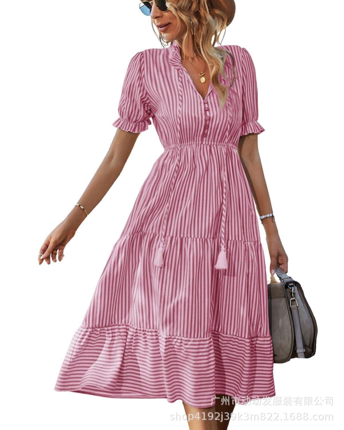 image-European & American Summer Stripe Dress - Khaki V-Neck XL