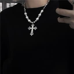 image-Necklace Cross Pearl Pendant Unisex Vintage