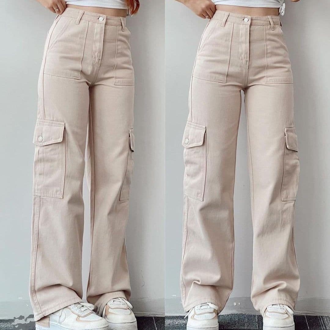 image-Women's Cargo Pants - Khaki Mid-Rise Straight Leg Cotton