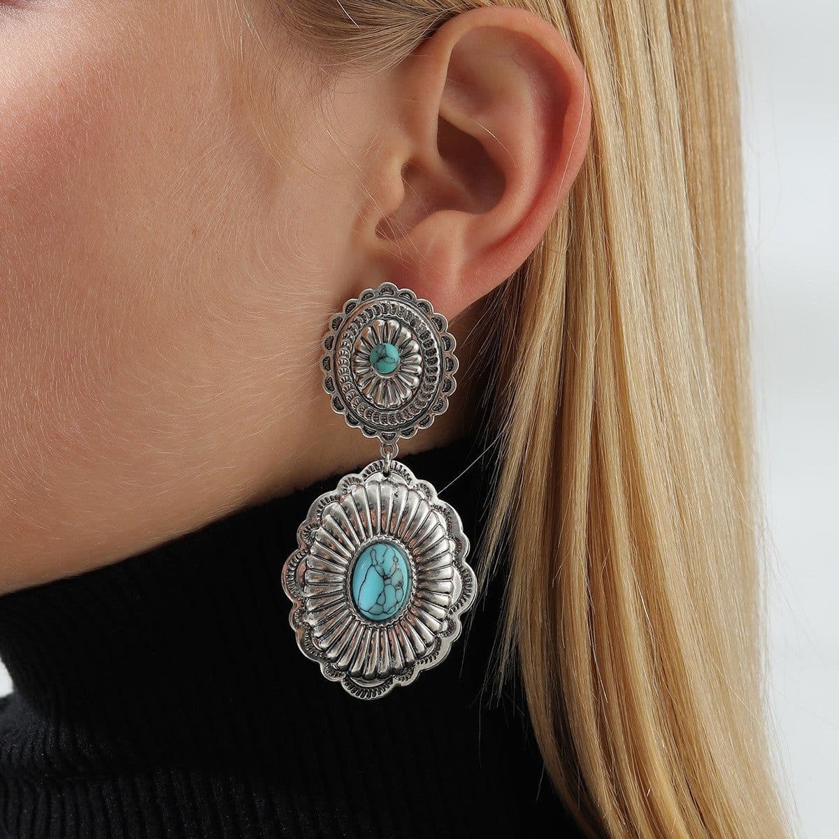 image-Retro Gothic Turquoise Flower Earrings