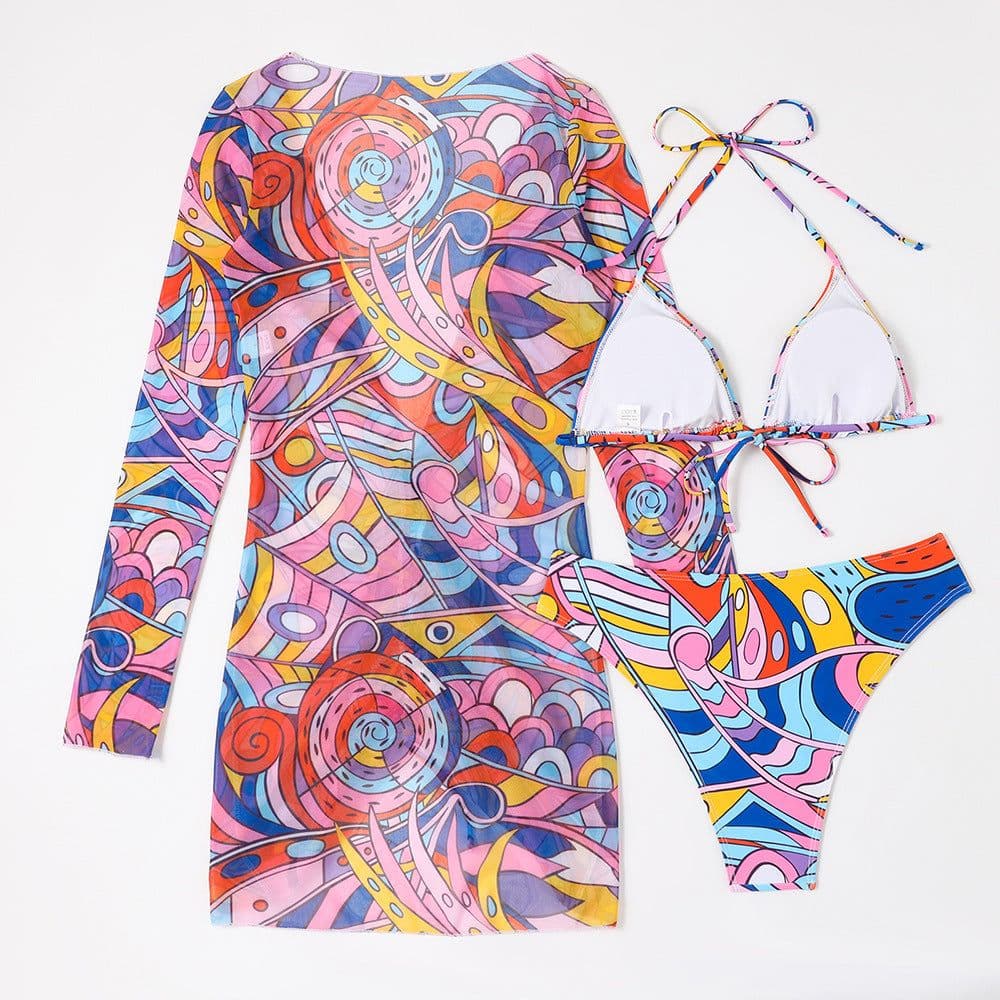 image-Women's Three-Piece Swimsuit - Printed Bikini with Mesh Skirt