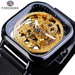 image-Forsining gold hollow watch men's fully automatic mechanical watch luminous mesh belt watch a generation