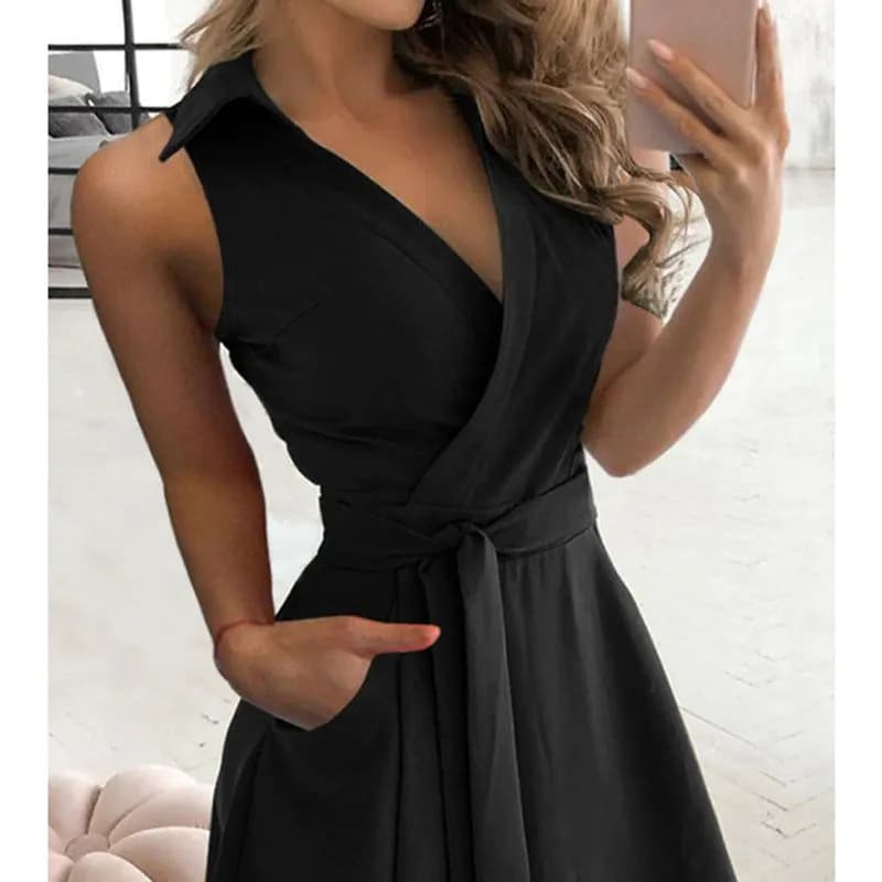 image-V-Neck Midi Dress - Black Sexy Lace-Up V-Neck