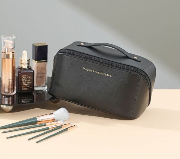 image-Percy Large-Capacity PU Leather Makeup Bag - Black Waterproof