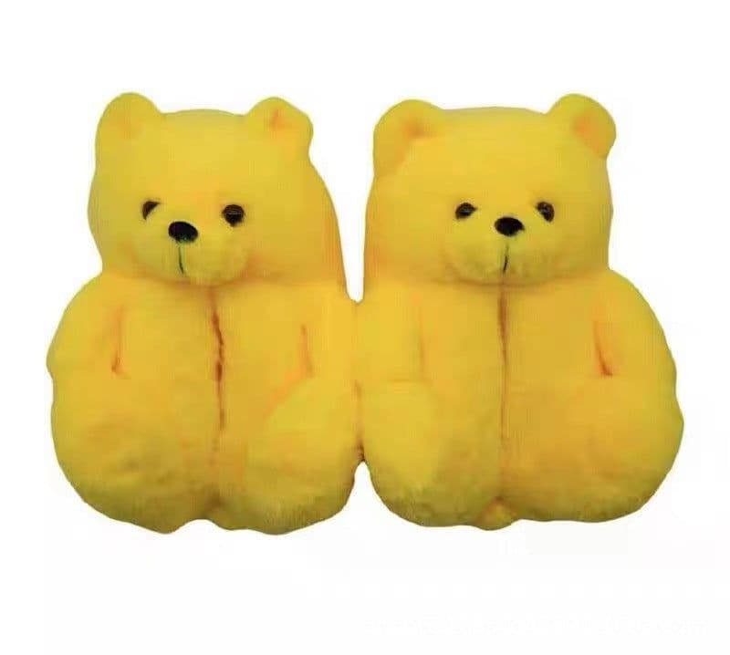 image-Cartoon Bear Plush Slippers - Large, South Korean Velvet, Dark Teddy Bear Shoes