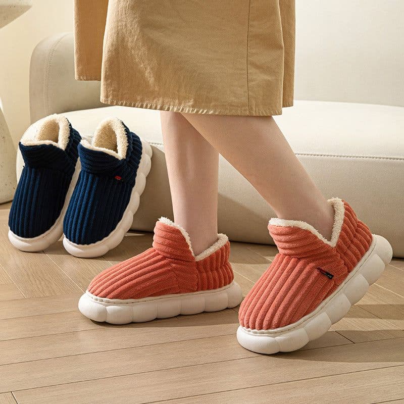 image-Women's Slippers - Brown Stripe Plush Indoor House Shoes