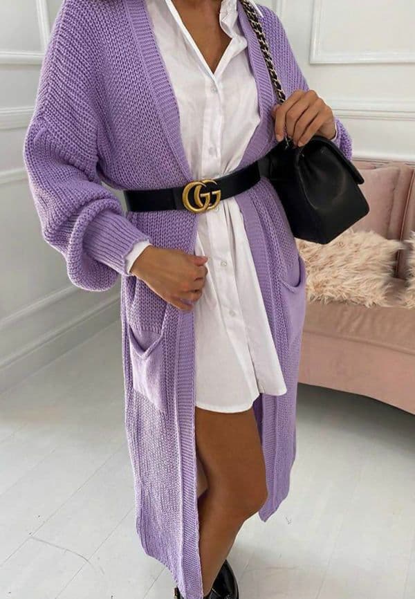 image-Women's Cardigan Sweater - Deep Pink Lantern Sleeve