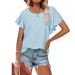 image-Women's Ruffled Sleeve T-Shirt - Sky Blue Hollow Out