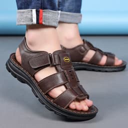 image-BANGDENG Leather Sandals Men Brown Size 44 Velcro