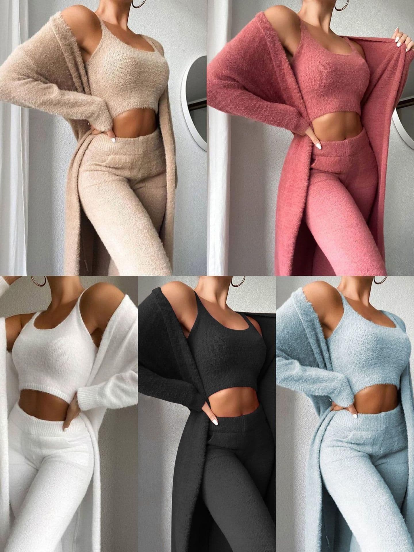 image-Real shots in stock! 2020 European and American new sexy V-neck plush short vest and trousers three-piece set for women