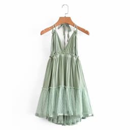 image-Foreign Trade 2022 Summer New European and American V-neck Waist Slim Hem Mesh Stitching Backless Suspender Dress Women