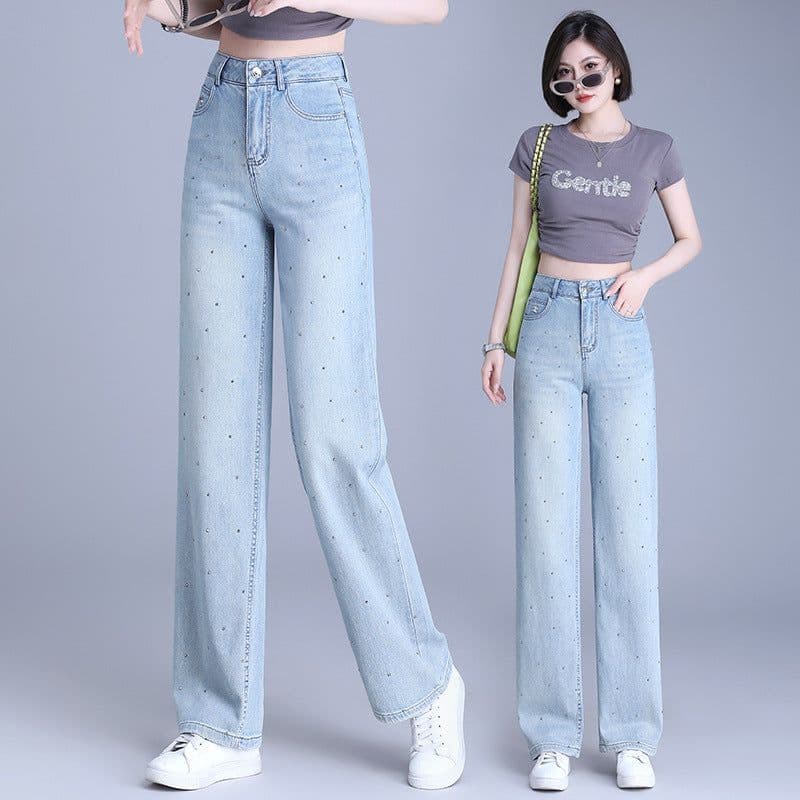 image-Women's High-Waist Slim Jeans - Wide Leg Blue Denim