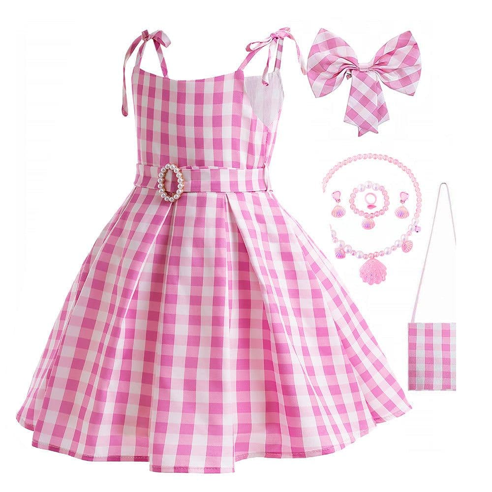 image-Cross-border girls' dress, girl's festival dress, plaid headband bag, 8-piece suit