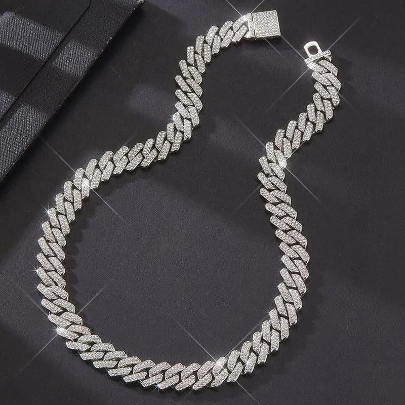 image-Box Buckle 14mm Bar Cuban Chain Cross-Border Explosive Fashion Light Luxury Domineering Full Diamond Alloy Necklace Cross-border Exclusive Supply