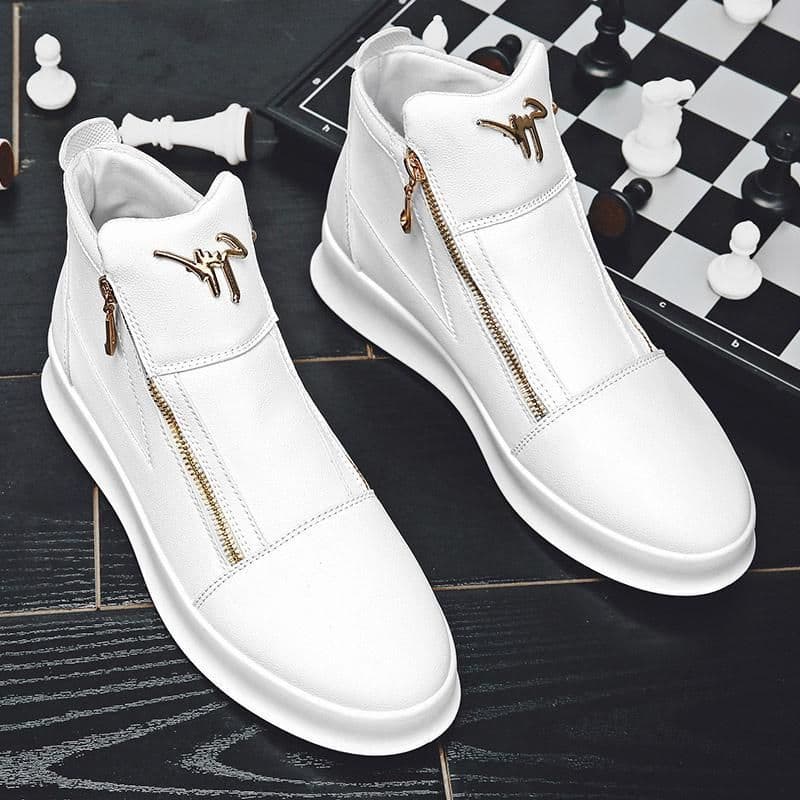 image-Men's White PU Leather Mid-Top Sneakers - Casual