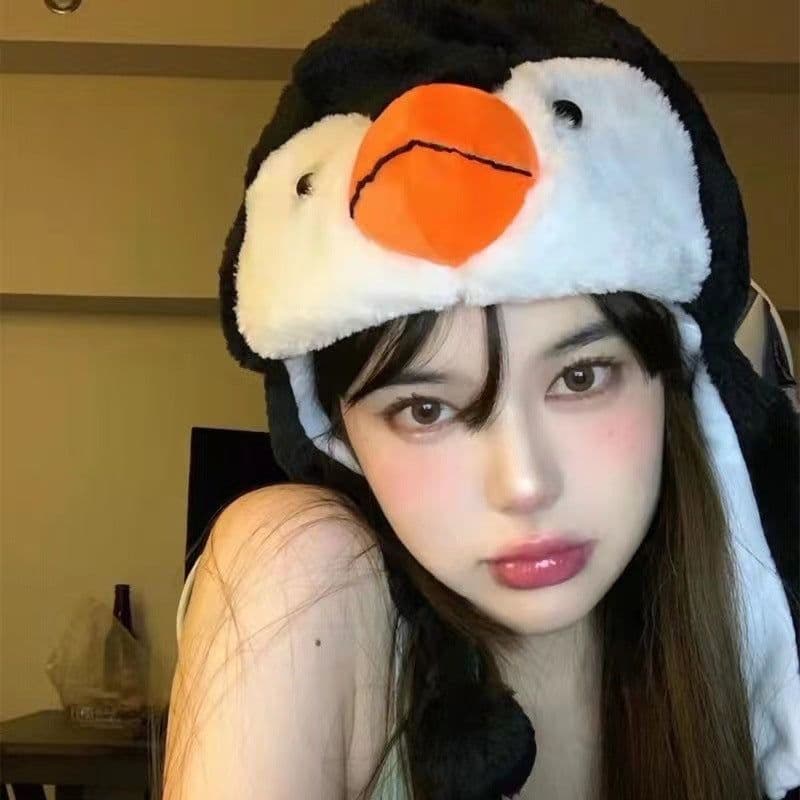 image-Women's Pink Plush Knit Hat - Cartoon Cat Dome Style