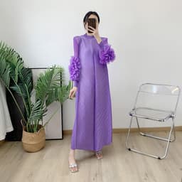 image-Royal Blue Pleated Long Dress - Polyester Loose Fit