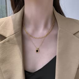 image-Double-layer stacked black square brand necklace women's autumn and winter advanced design collarbone chain niche light luxury titanium steel sweater chain