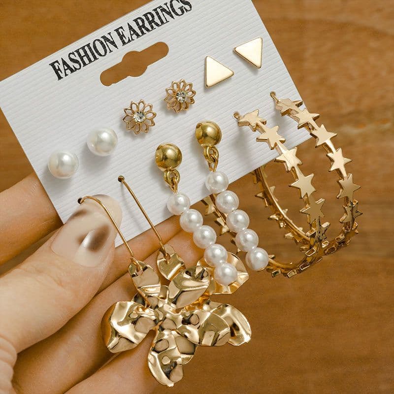image-Cross-border Hot Selling European and American Fashion Geometric Earrings Set Flower Earrings Pearl Star Earrings Daisy Heart Stud Earrings