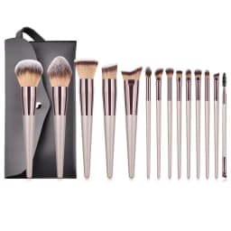 image-Champagne Gold Makeup Brush Set With Gray Cosmetic Bag 14 Pieces