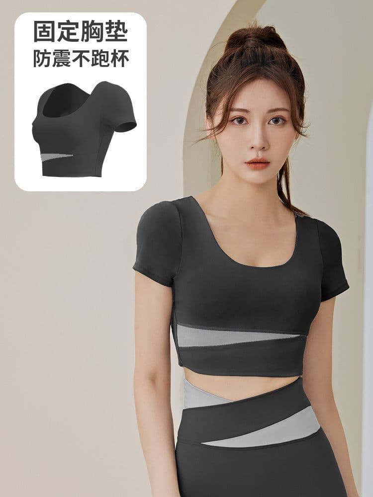 image-Summer new one-piece fixed chest pad sports top yoga pants suit fitness short-sleeved beauty back two-piece set for women