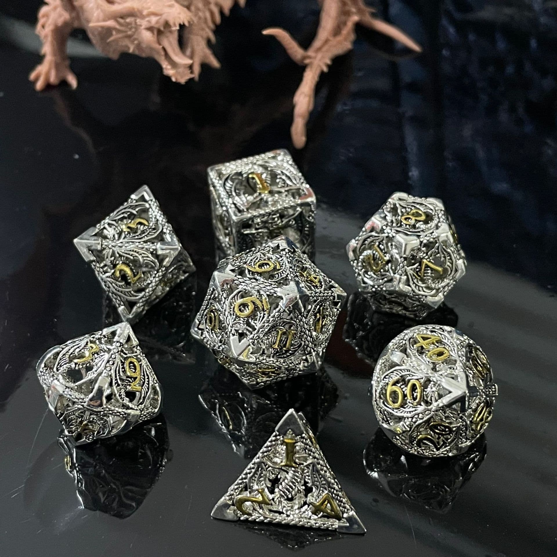 image-Metal D20 Dice - Hollow Dragon Design Green w/ Red Numbers