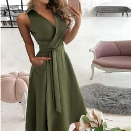 image-V-Neck Midi Dress - Black Sexy Lace-Up V-Neck