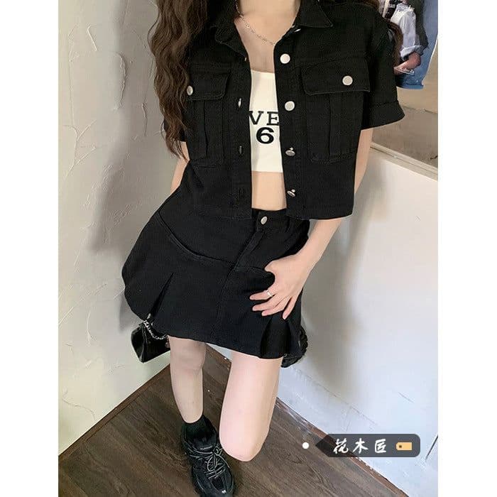 image-Chic 2023 Denim Skirt Suit - Black Retro Pleated Skirt, L Size