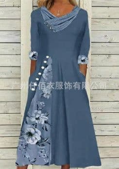 image-Polyester A-Line Dress - Dark Blue V-Neck 3XL