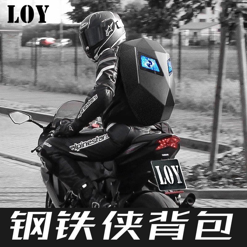 image-loy iron man backpack locomotive light LED waterproof motorcycle riding helmet bag full helmet backpack men and women