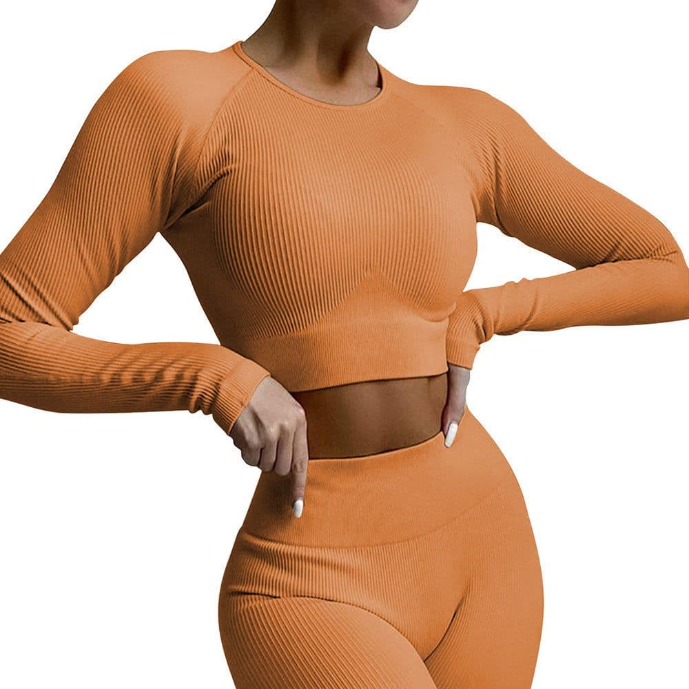 image-2021 Yoga Suit - Brown Four-Piece Set, Short Sleeve, Leggings, Size S