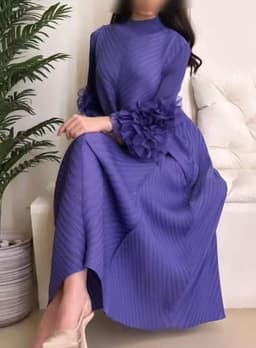image-Royal Blue Pleated Long Dress - Polyester Loose Fit