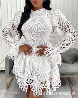 image-White Lace Hollow Dress - Polyester XL