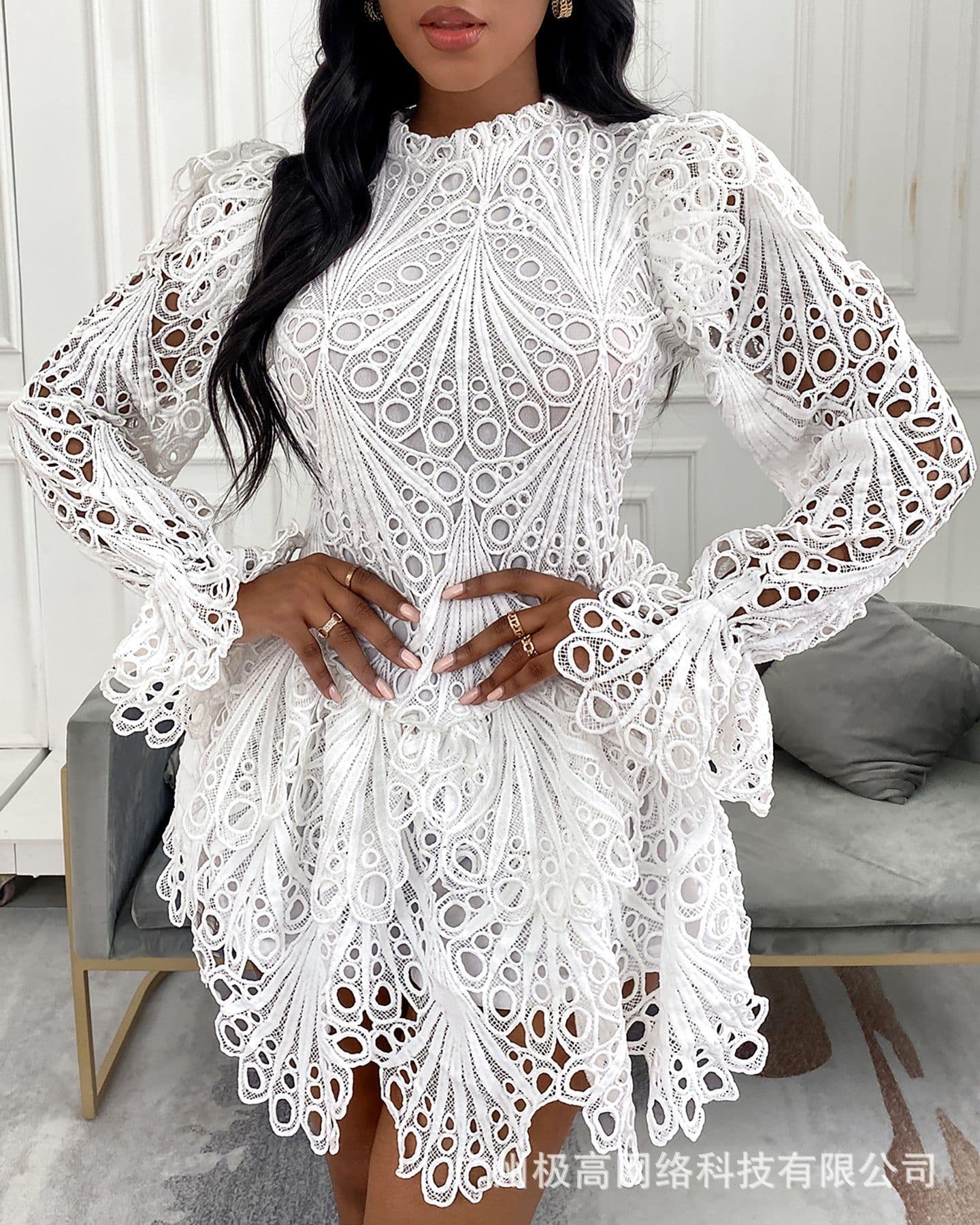 image-White Lace Hollow Dress - Polyester XL