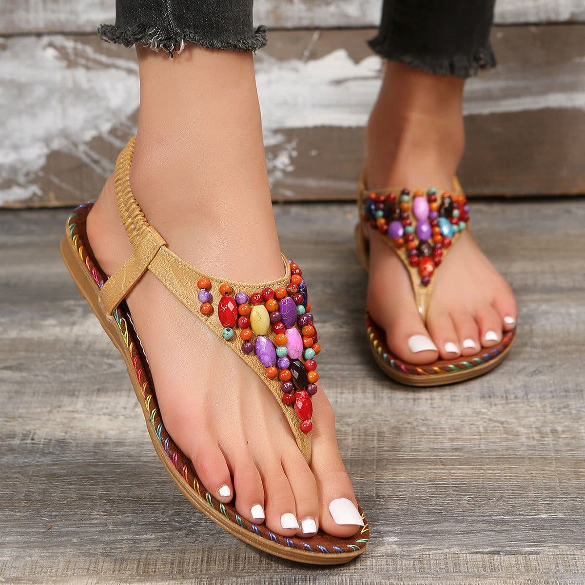 image-Women's Beaded Herringbone Sandals - Beige Size 43