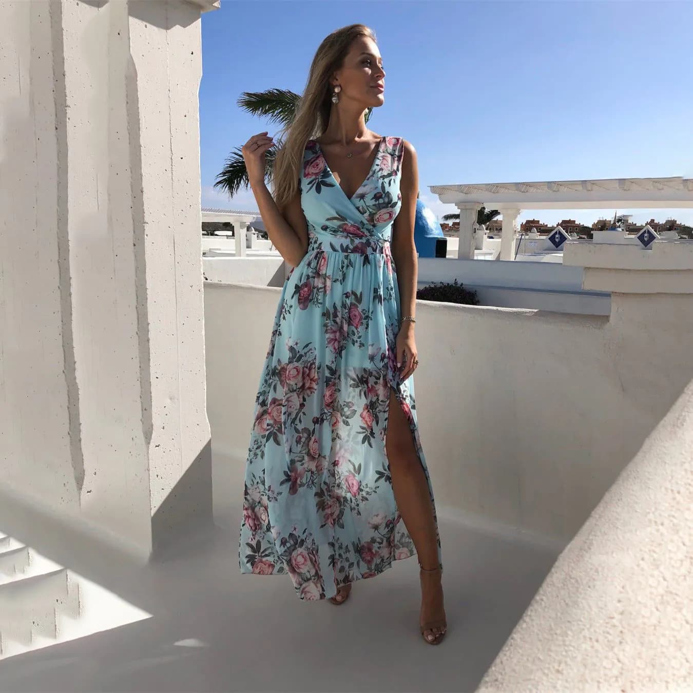 image-2023 new spring and summer ebay European and American foreign trade printed chiffon dress sleeveless holiday beach slit long skirt