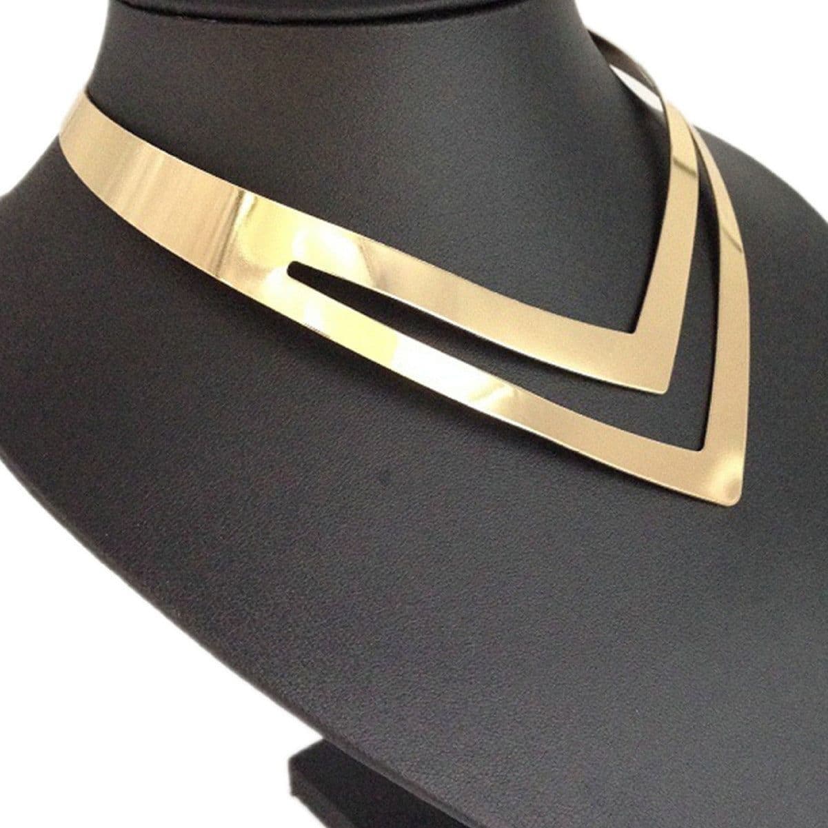 image-Metal Collar Necklace - Gold/White Zinc Alloy