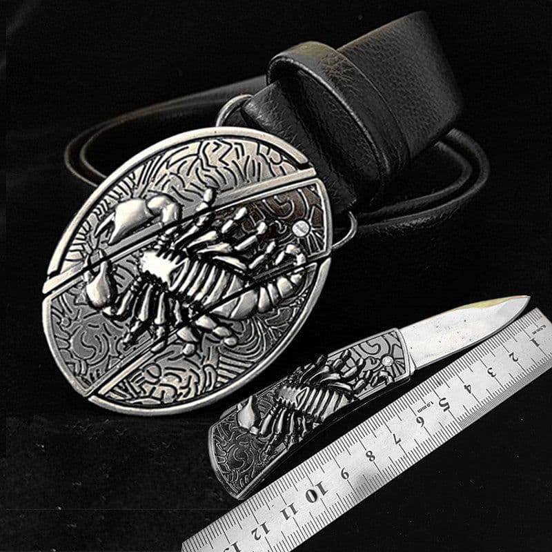 image-Men's Belt Knife - Trendy PU Leather, Alloy Buckle, 130cm