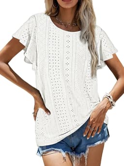 image-Women's Ruffled Sleeve T-Shirt - Sky Blue Hollow Out