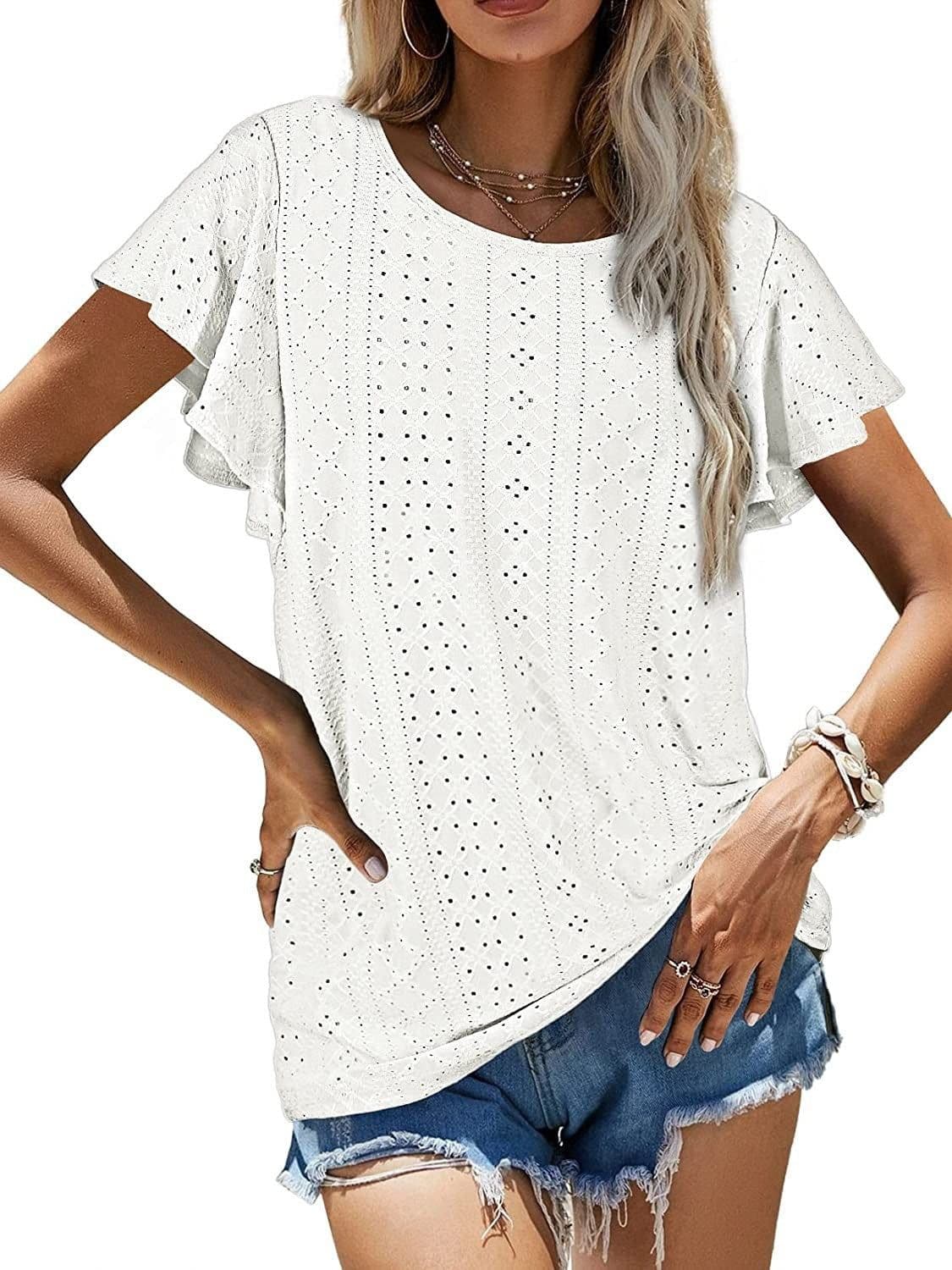 image-Women's Ruffled Sleeve T-Shirt - Sky Blue Hollow Out