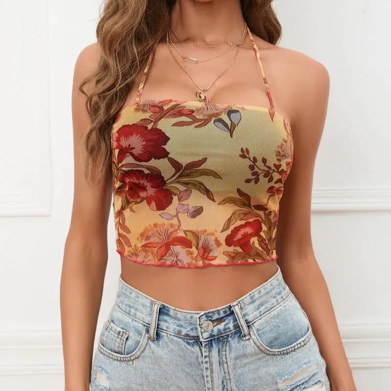 image-Women's Flower Printed Halter Mesh Camisole