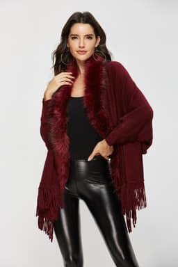 image-Dark Blue Cardigan Sweater Women Fur Collar