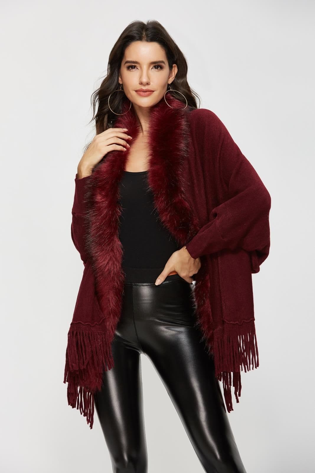 image-Dark Blue Cardigan Sweater Women Fur Collar