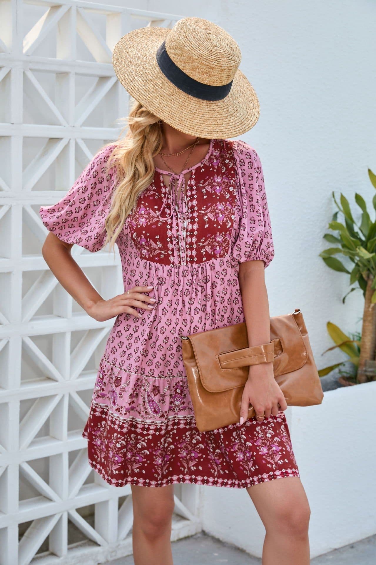 image-A Line Dress Short Sleeve Pink 2XL