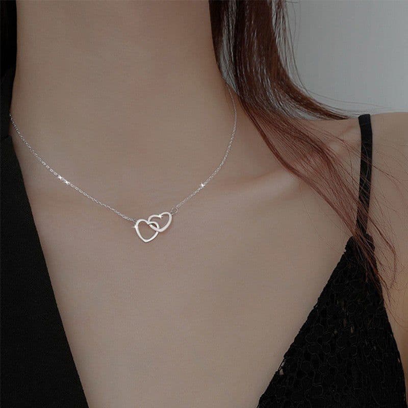 image-Xinghe cross-border hot-selling light luxury mirror stainless steel necklace heart-to-heart titanium steel double-ring pendant clavicle chain