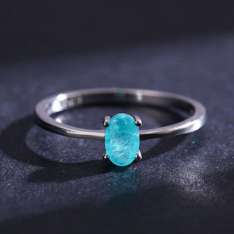 image-Simple s925 sterling silver egg-shaped imitation Paraiba tourmaline ring female European and American INS popular fine ring cross-border jewelry