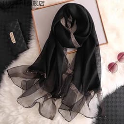 image-Silk Scarf Women 70x190cm Beaded Gold Edge Summer Beach